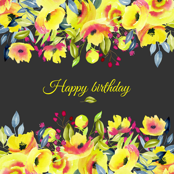 Modelo de cartão, borda floral com rosas e galhos amarelos, ilustração aquarela
 - Foto, Imagem