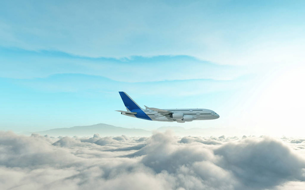 Αεροπλάνο πάνω από τα σύννεφα. Αυτό είναι ένα 3d απεικόνιση απόδοσης - Φωτογραφία, εικόνα