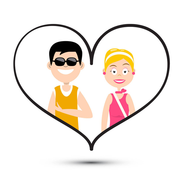 Man and Woman in Love. Boy and Girl in Love Inside Big Heart. Vector Valentine's Day Card Design. - Vector, Image