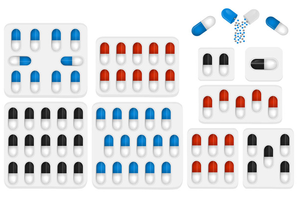 Illusztráció a téma nagy színes készlet különböző típusú tabletták belsejében szoros buborékcsomagolás. Tabletta minta, amely gyűjtemény hólyagok minőség-ellenőrzés. Műanyag buborékcsomagolás a jogorvoslat tabletta paracetamol. - Vektor, kép
