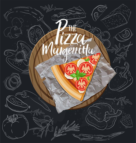 Slice Margheritta Pizza on the wood board Vector illustration - Vector, Image