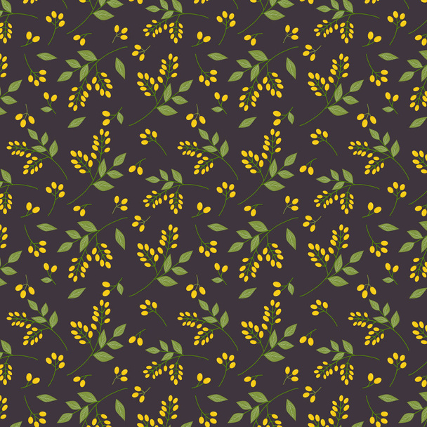 Бесшовный ботанический узор желтые морепродукты зеленые веточки листья всегда отпечаток на темно-фиолетовом фоне, ткань, гобелен, обои, дизайн подарочной упаковки
 - Вектор,изображение