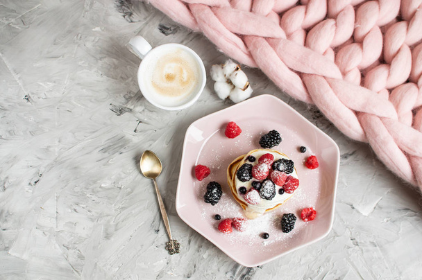 Homemade Pancakes Cappuccino Giant Merino Wool Blanket Pastel Pink Plate Sour Cream Berries Coffee Healthy Breakfast Cotton Flower Morning Concept - Photo, Image