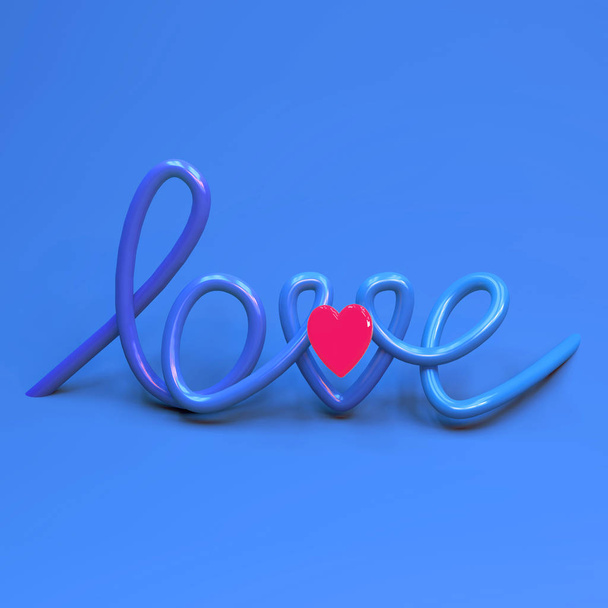 3d rendering of hand lettering word love and illuminated pink heart shape. Greeting card for holidays, couples express emotion. Social media ready made post. Valentines day surprise. Plastic look - Photo, Image
