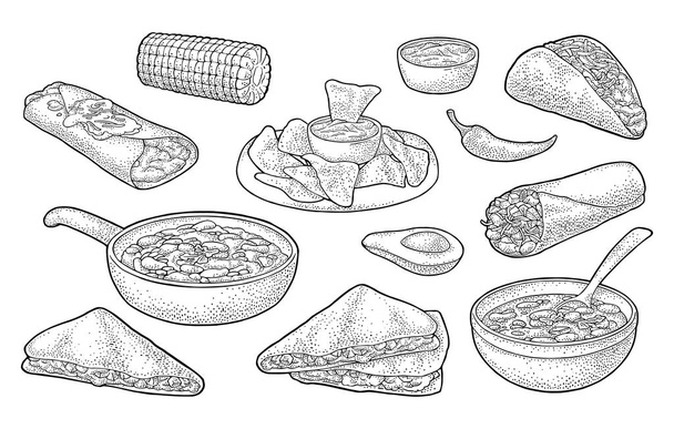 ワカモレ、ケサディージャ、エンチラーダ、ブリトー、タコス、ナチョス、チリコンカーン成分と入りメキシコの伝統的な食べ物。ベクトル ビンテージ黒白い背景で隔離の図の彫刻. - ベクター画像