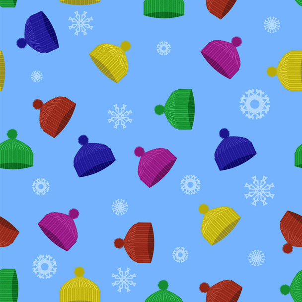 カラフルな冬ニット帽子シームレス パターン青の背景に雪の結晶 - 写真・画像