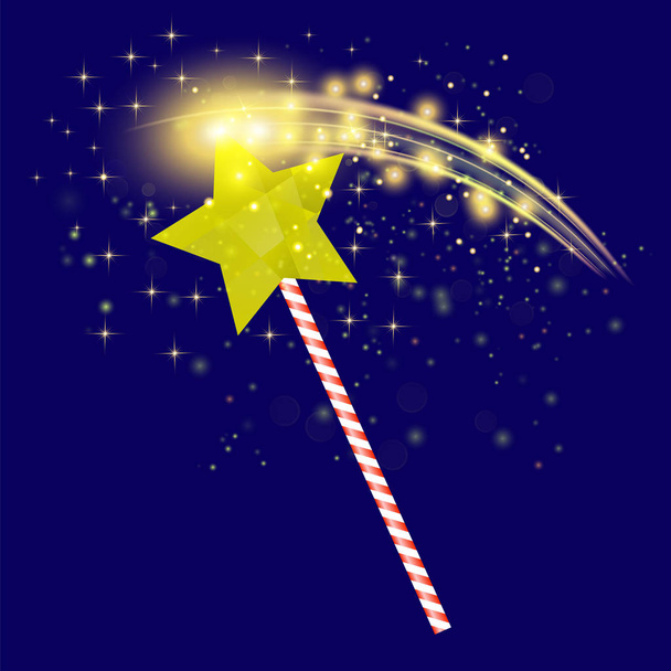 Realistic Magic Wand with Starry Lights on Blue Background - Photo, Image