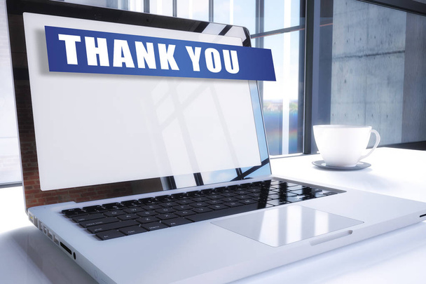 Thank you text on modern laptop screen in office environment. 3D render illustration business text concept. - Foto, Bild