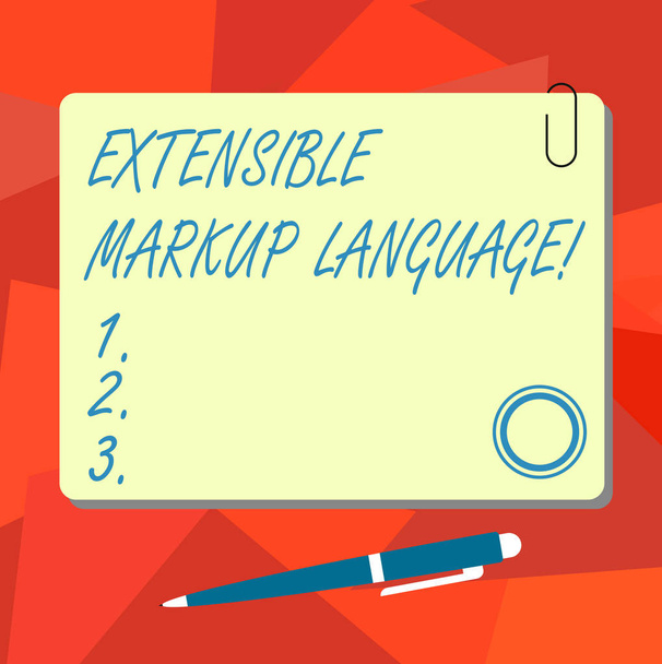 Conceptual hand writing showing Extensible Markup Language. Business photo text computer language that use tag to define element Square Color Board with Magnet Click Ballpoint Pen and Clip. - Photo, Image
