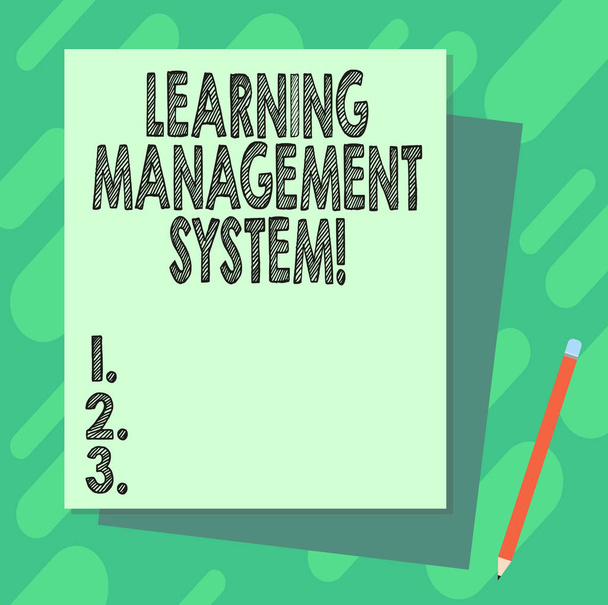 Word writing text Learning Management System. Business concept for software application that is used to administer Stack of Blank Different Pastel Color Construction Bond Paper and Pencil. - Photo, Image