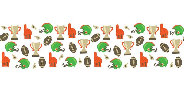 Американский футбол бесшовная векторная граница. Шлем, трофей, пенопласт, футбол. Super Bowl винтажный стиль фон. Для задней вечеринки, приглашения, флаера, флэшмоба, детского декора, открытки, плаката, баннера
 - Вектор,изображение
