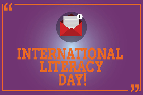 Conceptual hand writing showing International Literacy Day. Business photo text Celebrated annual event on 8 of September Open Envelope with Paper Email Message inside Quotation Mark. - Photo, Image