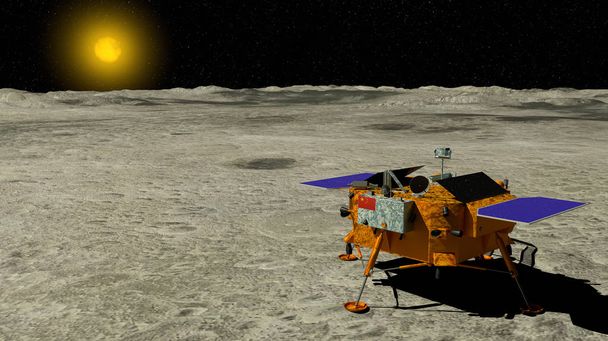 Měsíční sonda přistála na povrchu měsíce na 3 ledna 2019 se sluncem na pozadí. 3D obrázek - Fotografie, Obrázek