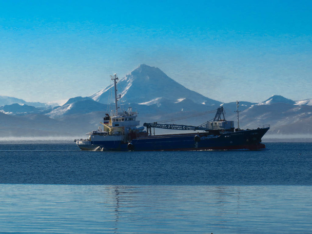 the ship going through the sea near the coast of Kamchatka - Photo, Image