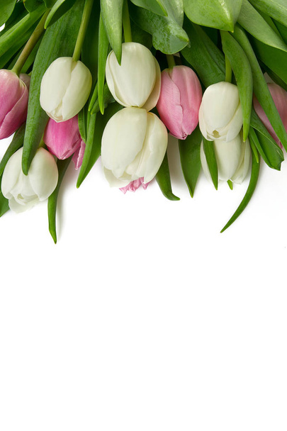 Beautiful bottle of champagne with tulips isolated on white