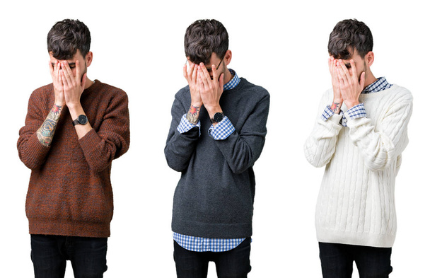 Collage van jonge man een trui dragen over geïsoleerde achtergrond met trieste uitdrukking waarin gezicht met handen terwijl het huilen. Depressie concept. - Foto, afbeelding