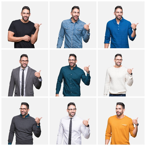 Collage of handsome man over isolated background smiling with happy face looking and pointing to the side with thumb up. - Photo, Image