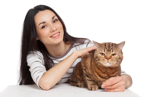 beautiful smiling brunette girl and her ginger cat over white ba - Photo, Image