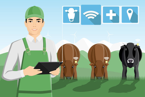 Asian farmer with digital tablet on a pasture.  - Vector, afbeelding