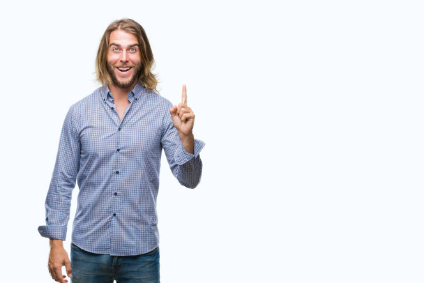 Young handsome man with long hair over isolated background pointing finger up with successful idea. Exited and happy. Number one. - Foto, Bild