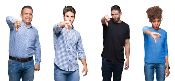 Collage of group of young and middle age people looking unhappy and angry showing rejection and negative with thumbs down gesture. Bad expression. - Foto, immagini