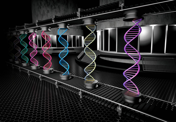 Illustration 3D de l'hélice d'ADN coloré en cours d'assemblage sur la chaîne de montage
 - Photo, image