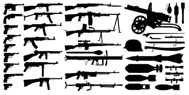 Ampuma-asevarastoja, asekokoelmia. Eristetty vektorisiluetti. Esineet pistooli, konekivääri, kiikarikivääri, kranaatinheitin, konepistooli. Retro, 2. maailmansota
 - Vektori, kuva