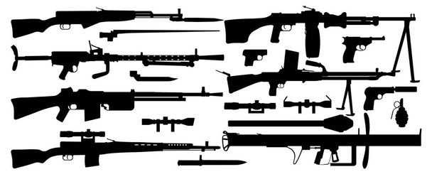 Conjunto de vectores siluetas, varias armas militares. Pistola de objetos, ametralladora, rifle de francotirador, lanzagranadas, subametralladora. Retro, Segunda Guerra Mundial
 - Vector, imagen