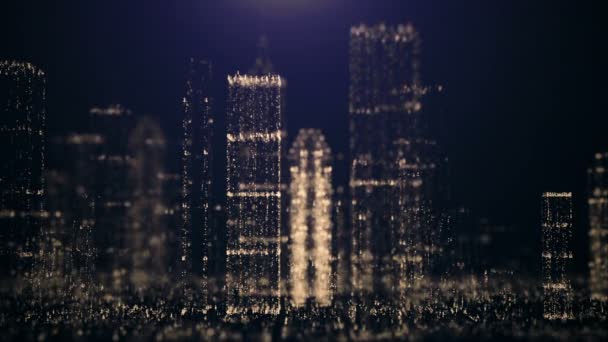 Abstracte achtergrond van de grote stad van glinsterende deeltjes. - Video