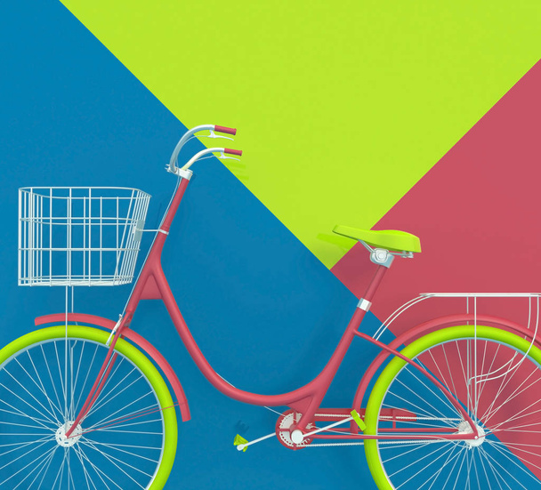 Старый ретро-велосипед, раскрашенный в яркие цвета на красочном фоне. Абстрактное понятие. 3D рендеринг
. - Фото, изображение