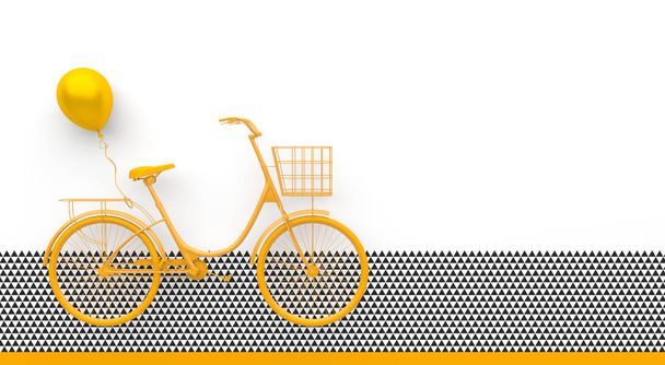 Один ретро-велосипед с воздушным шаром, окрашенным в монохромный желтый цвет. Изолированный на белом фоне с черно-белым геометрическим узором. Принято. Абстрактное понятие. 3D рендеринг
. - Фото, изображение