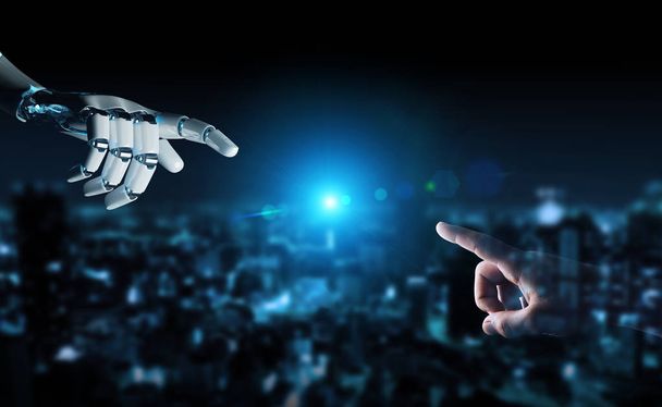 Robot hand making contact with human hand on dark background 3D rendering - Foto, Imagen
