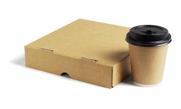 Pudełko Pizza i kawa kubek na białym tle - Zdjęcie, obraz