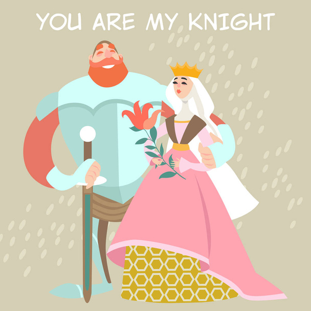 Día de San Valentín vectorial Ilustración con princesa linda y caballero con una flor. Divertidos personajes de dibujos animados en trajes históricos
.  - Vector, imagen