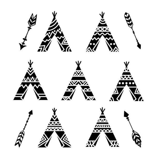 Коллекция палаток и стрел с племенными татуировками. Wigwam декоративный дизайн
.  - Вектор,изображение