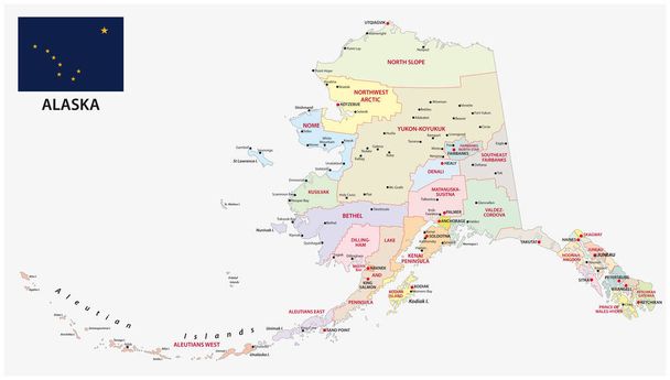 Alaskan hallinnollinen ja poliittinen kartta lippuineen
 - Vektori, kuva