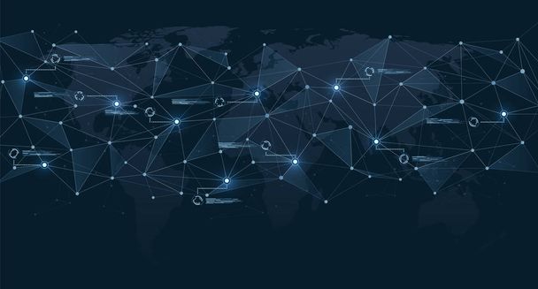 Estructura de las conexiones poligonales en el mapa mundial. Visualización de redes globales y datos digitales. Concepto de tecnologías de la comunicación y negocios de Internet en todo el mundo
. - Vector, imagen