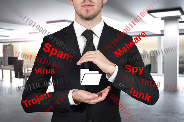 businessman protects cloud data symbol with his hands malware - Φωτογραφία, εικόνα