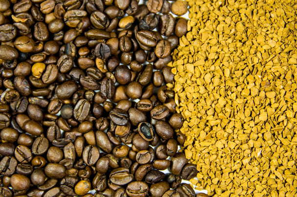 Background of roasted coffee beans and instant coffee granules - Photo, Image