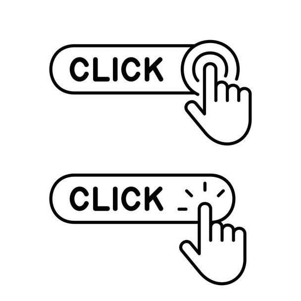 Набор кнопки Click here с иконкой руки. Изолированный на белом фоне
 - Вектор,изображение