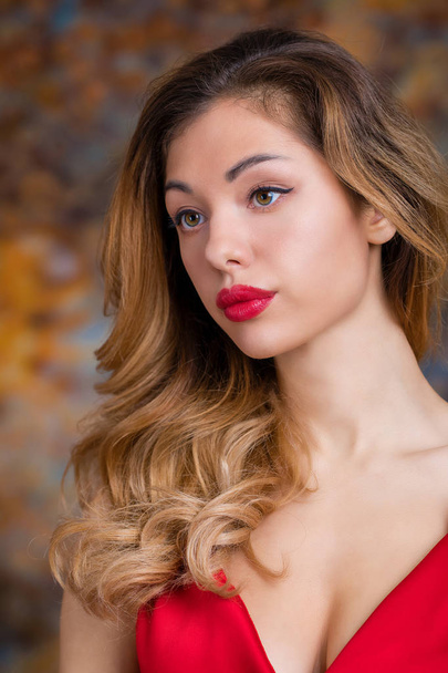 Very sexy and sensual girl with blond hair and red lips - 写真・画像