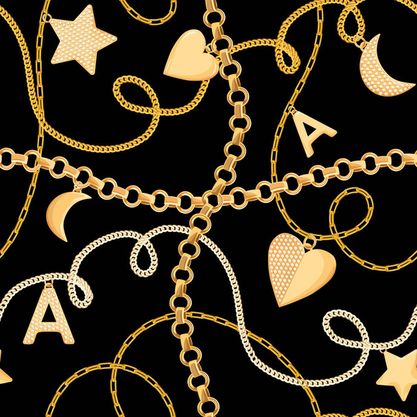 Golden Chains and Charms Seamless Pattern. Fashion Fabric Background with Gold, Gemstones and Jewelry Elements for Wallpapers, Print. Vector illustration - Vecteur, image