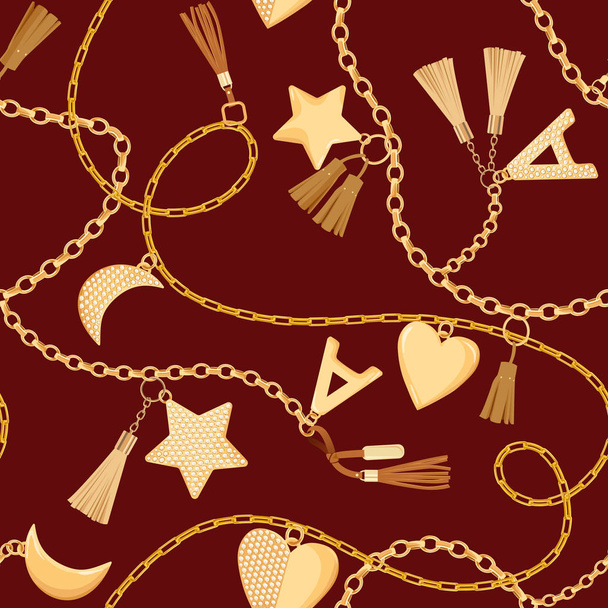 Golden Chains, Straps and Charms with Diamonds Seamless Pattern. Fashion Fabric Background with Gold, Gemstones and Jewelry Elements for Textile, Print. Vector illustration - Vector, imagen