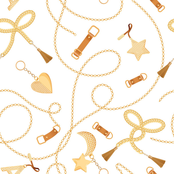 Golden Chains, Straps and Charms with Diamonds Seamless Pattern. Fashion Fabric Background with Gold, Gemstones and Jewelry Elements for Wallpapers, Print. Vector illustration - Wektor, obraz