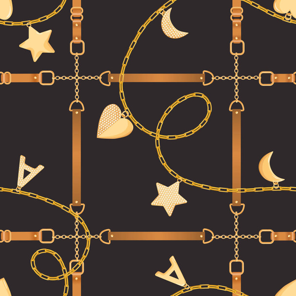 Golden Chains, Straps and Charms with Diamonds Seamless Pattern. Fashion Fabric Background with Gold, Gemstones and Jewelry Elements for Wallpapers, Print. Vector illustration - Vetor, Imagem