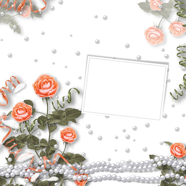 Cartão de férias com pérolas e buquê de belas rosas vermelhas no fundo isolado branco, para parabéns ou convite
 - Foto, Imagem