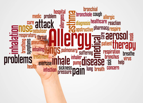 Allergia szó felhő és a kézi jelölő koncepció fehér háttér. - Fotó, kép