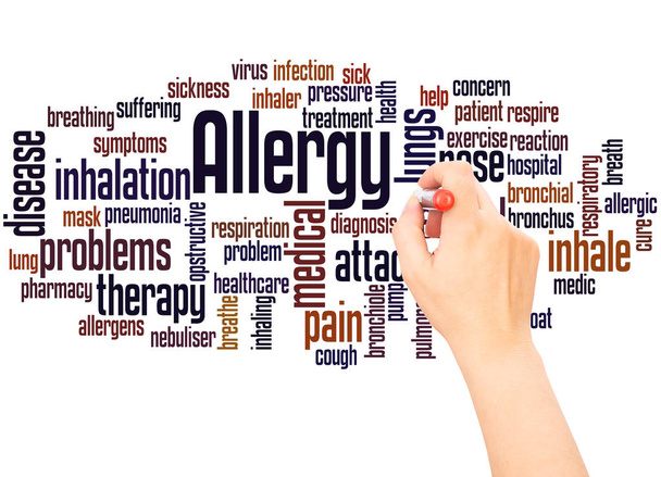 Allergy word cloud hand writing concept on white background. - Photo, Image