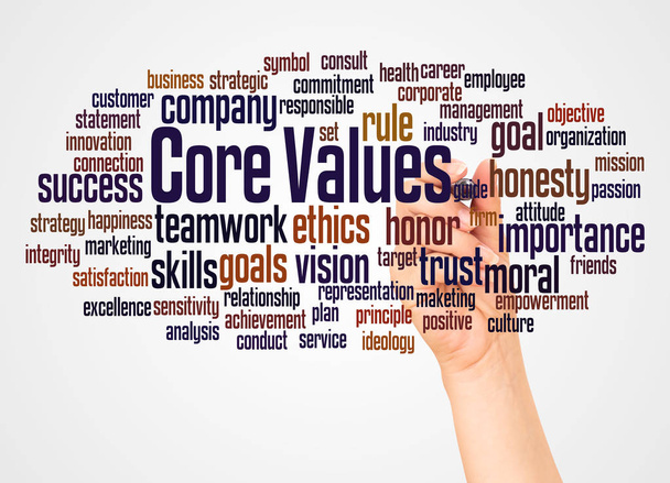 Core values word cloud and hand with marker concept on white background - Photo, Image