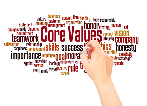 Core values word cloud hand writing concept on white background - Photo, Image